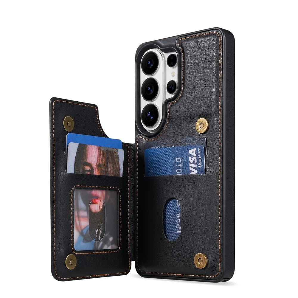 N.BEKUS P4  for Samsung Galaxy S26 Ultra Case Magnetic Buttons Leather + TPU Phone Cover with Card Holder Kickstand - Black - 3
