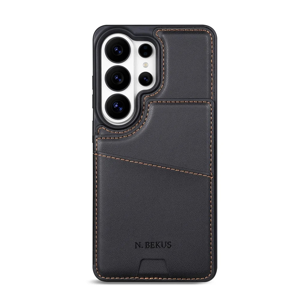 N.BEKUS P4  for Samsung Galaxy S26 Ultra Case Magnetic Buttons Leather + TPU Phone Cover with Card Holder Kickstand - Black - 5