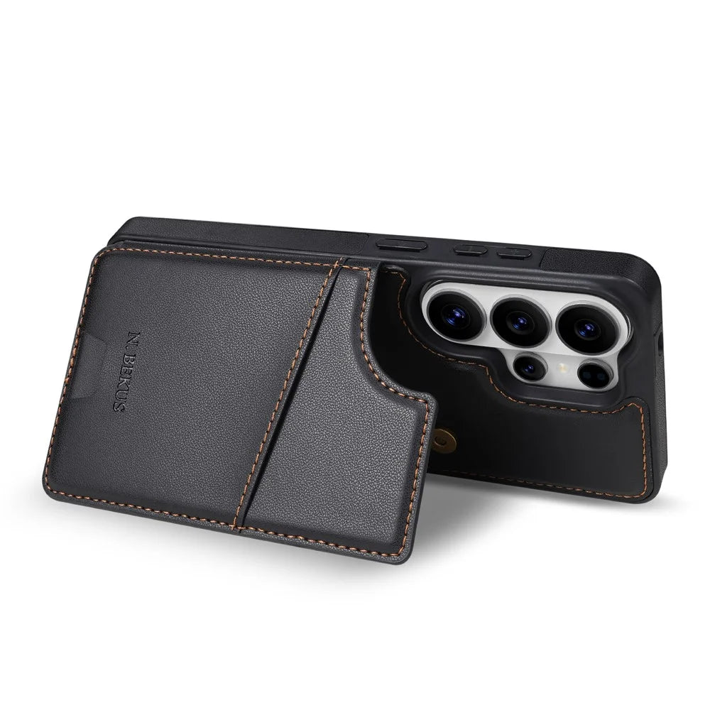 N.BEKUS P4  for Samsung Galaxy S26 Ultra Case Magnetic Buttons Leather + TPU Phone Cover with Card Holder Kickstand - Black - 6