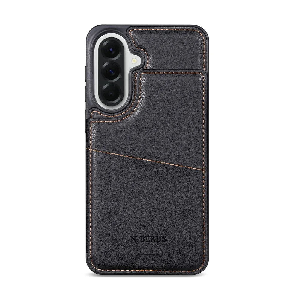 N.BEKUS P4  for Samsung Galaxy S26 Case Magnetic Buttons Leather + TPU Phone Cover with Card Holder Kickstand - Black - 5