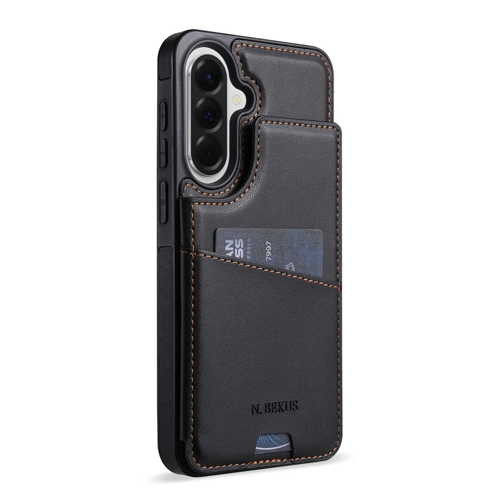 N.BEKUS P4  for Samsung Galaxy S26+ Case Magnetic Buttons Leather + TPU Phone Cover with Card Holder Kickstand - Black - 2