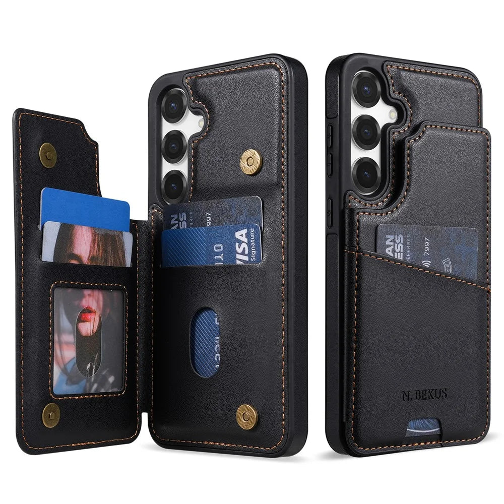 N.BEKUS P4  for Samsung Galaxy S25 Case Magnetic Buttons Leather + TPU Phone Cover with Card Holder Kickstand - Black - 1