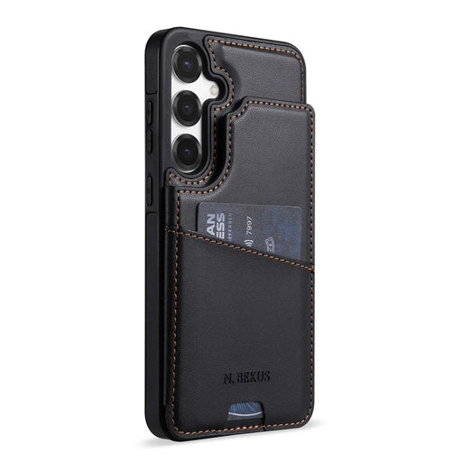 N.BEKUS P4  for Samsung Galaxy S25 Case Magnetic Buttons Leather + TPU Phone Cover with Card Holder Kickstand - Black - 2
