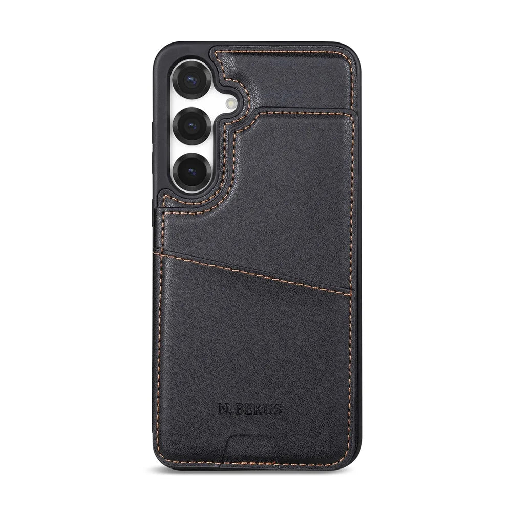 N.BEKUS P4  for Samsung Galaxy S25 Case Magnetic Buttons Leather + TPU Phone Cover with Card Holder Kickstand - Black - 5