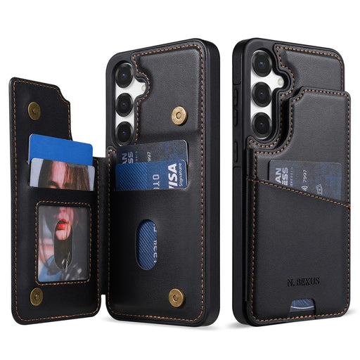 N.BEKUS P4  for Samsung Galaxy S25+ Case Magnetic Buttons Leather + TPU Phone Cover with Card Holder Kickstand - Black - 1