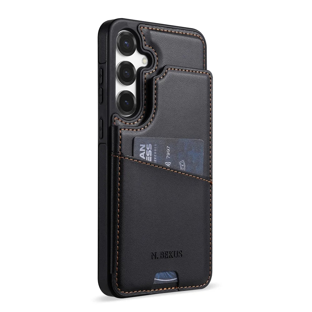 N.BEKUS P4  for Samsung Galaxy S25+ Case Magnetic Buttons Leather + TPU Phone Cover with Card Holder Kickstand - Black - 2