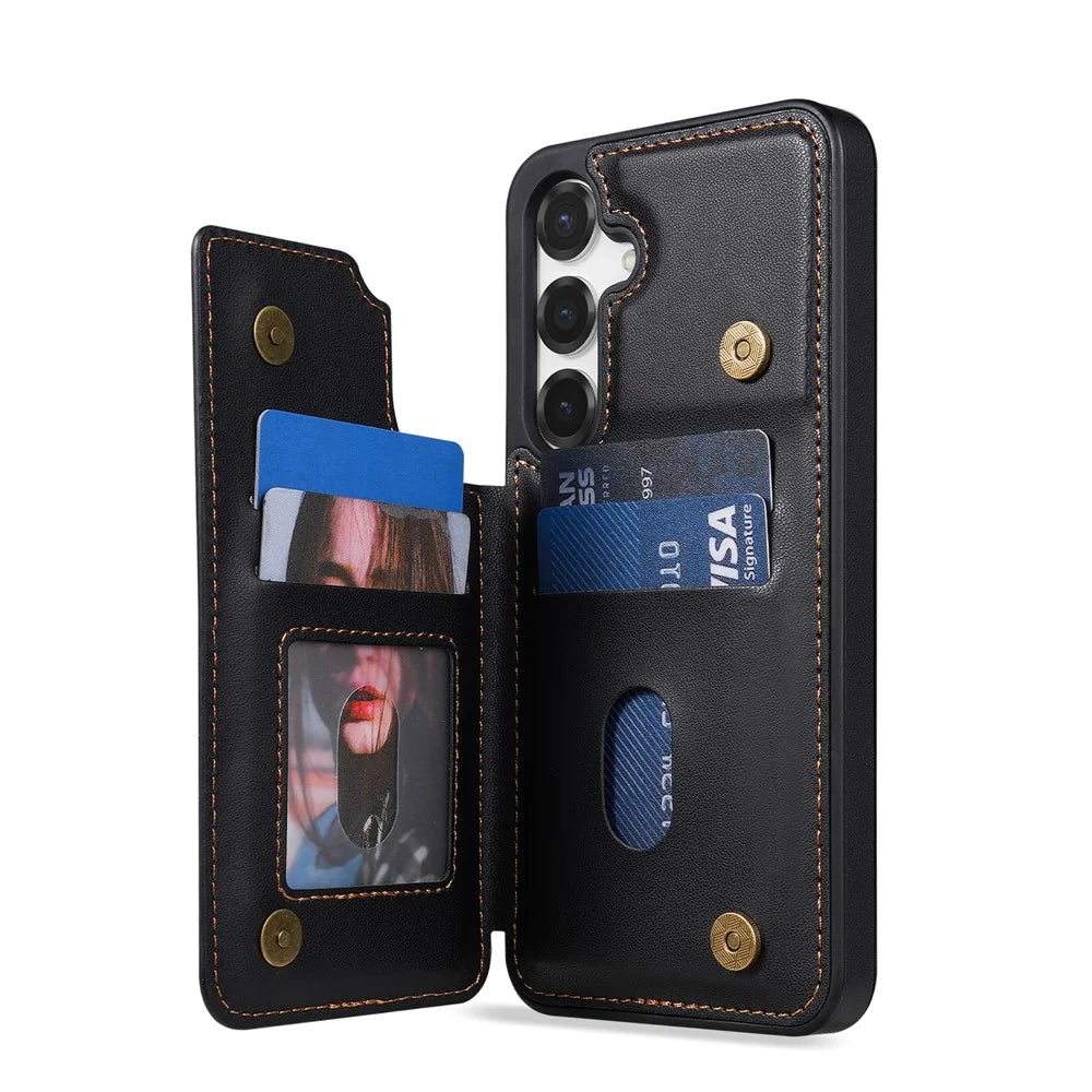 N.BEKUS P4  for Samsung Galaxy S25+ Case Magnetic Buttons Leather + TPU Phone Cover with Card Holder Kickstand - Black - 3