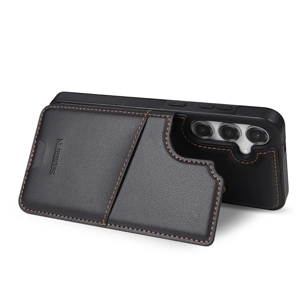 N.BEKUS P4  for Samsung Galaxy S25+ Case Magnetic Buttons Leather + TPU Phone Cover with Card Holder Kickstand - Black - 6