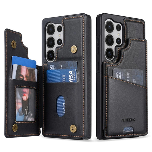 N.BEKUS P4  for Samsung Galaxy S25 Ultra Case Magnetic Buttons Leather + TPU Phone Cover with Card Holder Kickstand - Black - 1