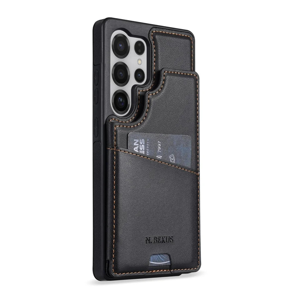 N.BEKUS P4  for Samsung Galaxy S25 Ultra Case Magnetic Buttons Leather + TPU Phone Cover with Card Holder Kickstand - Black - 2