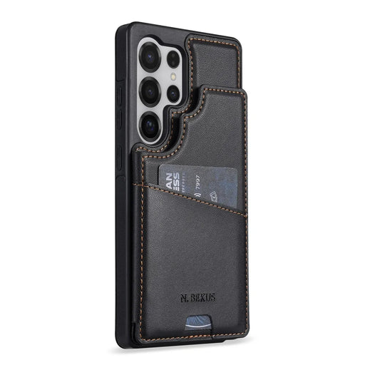 N.BEKUS P4  for Samsung Galaxy S25 Ultra Case Magnetic Buttons Leather + TPU Phone Cover with Card Holder Kickstand - Black - 2