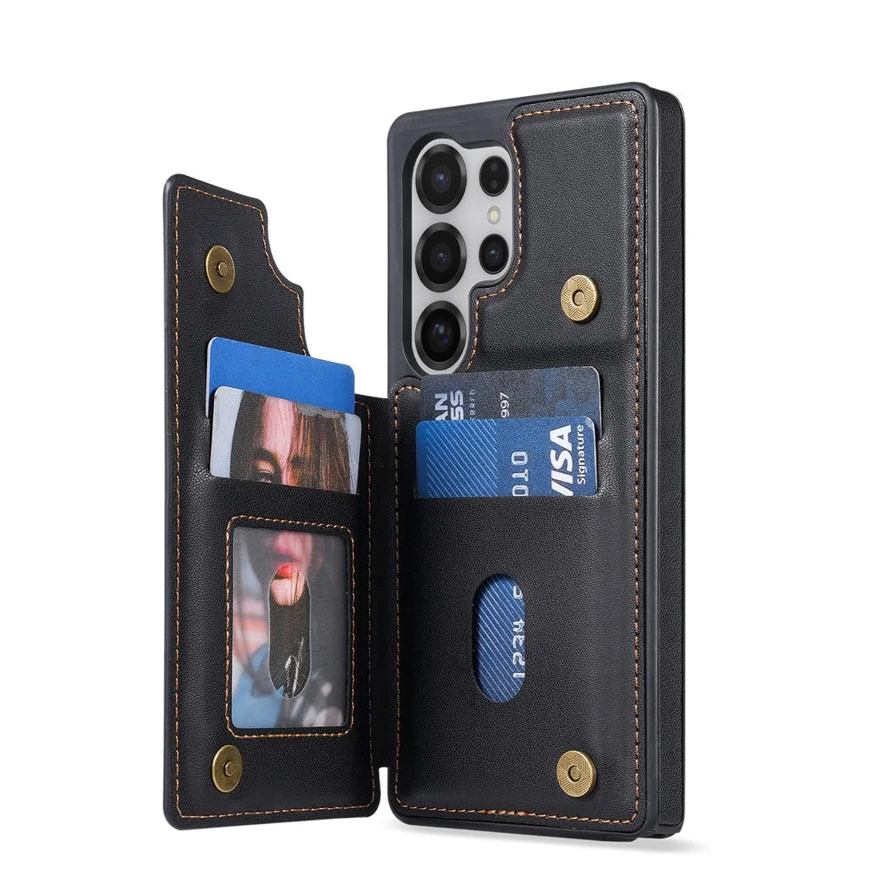 N.BEKUS P4  for Samsung Galaxy S25 Ultra Case Magnetic Buttons Leather + TPU Phone Cover with Card Holder Kickstand - Black - 3