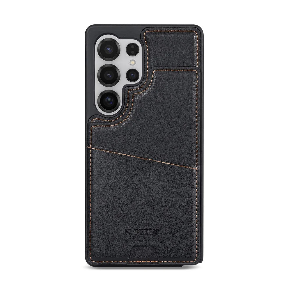 N.BEKUS P4  for Samsung Galaxy S25 Ultra Case Magnetic Buttons Leather + TPU Phone Cover with Card Holder Kickstand - Black - 5