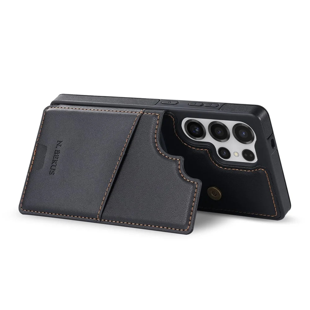 N.BEKUS P4  for Samsung Galaxy S25 Ultra Case Magnetic Buttons Leather + TPU Phone Cover with Card Holder Kickstand - Black - 6