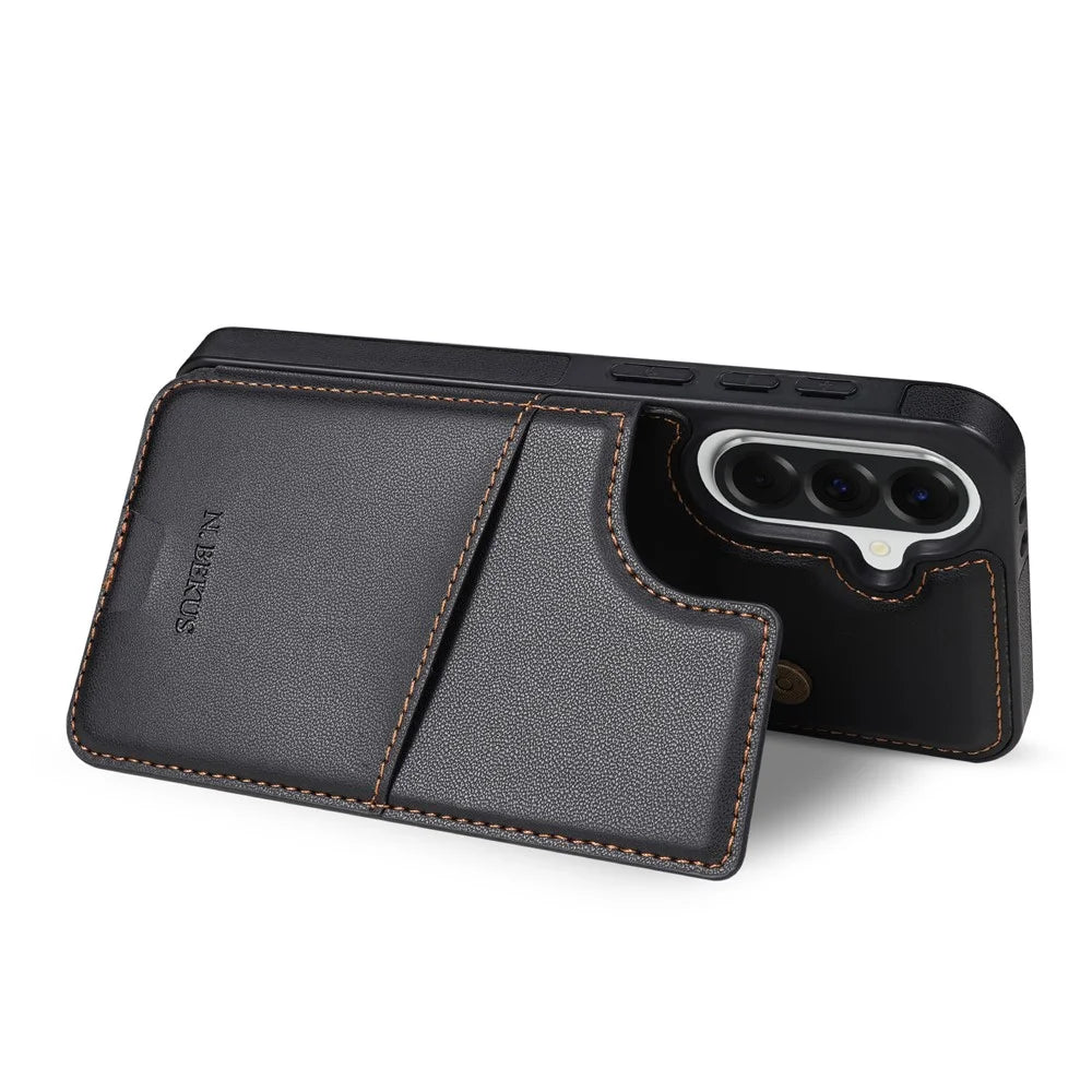 N.BEKUS P4  for Samsung Galaxy S25 FE Case Magnetic Buttons Leather + TPU Phone Cover with Card Holder Kickstand - Black - 6