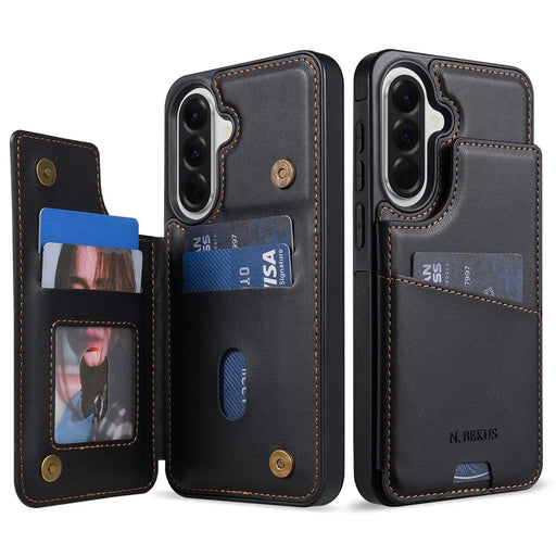 N.BEKUS P4  for Samsung Galaxy A37 5G  /  A36 5G  /  A56 5G Case Magnetic Buttons Leather + TPU Phone Cover with Card Holder Kickstand - Black - 1