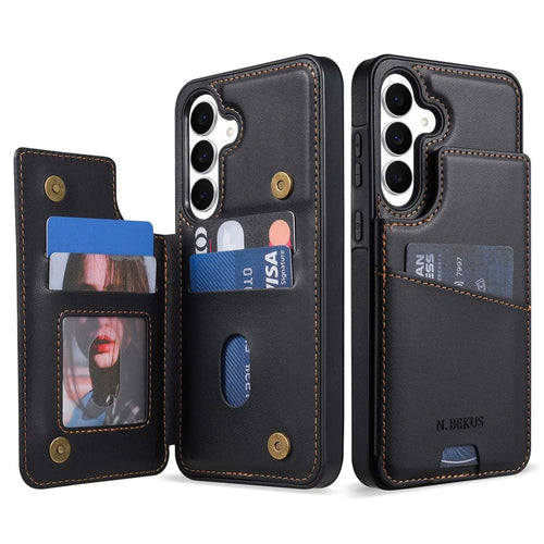 N.BEKUS P4  for Samsung Galaxy A16 5G  /  A16 4G Case Magnetic Buttons Leather + TPU Phone Cover with Card Holder Kickstand - Black - 1