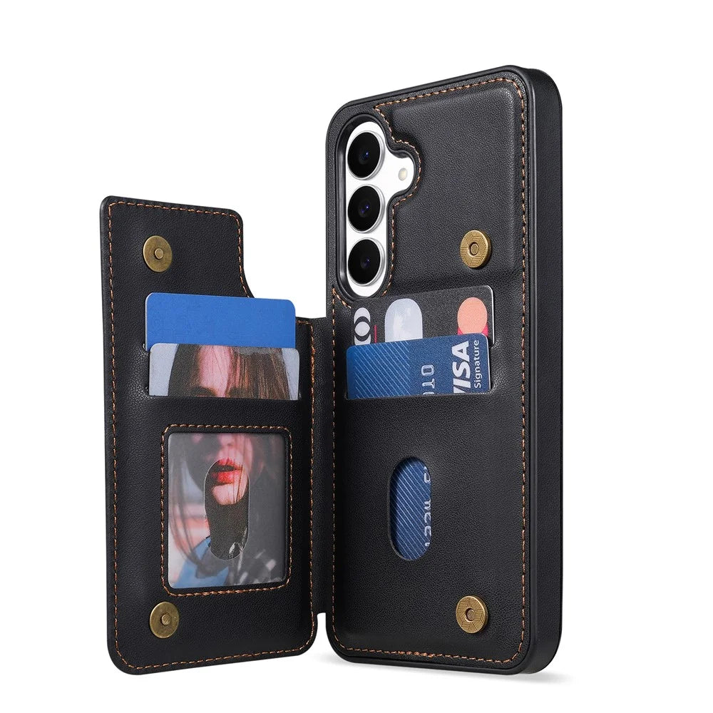 N.BEKUS P4  for Samsung Galaxy A16 5G  /  A16 4G Case Magnetic Buttons Leather + TPU Phone Cover with Card Holder Kickstand - Black - 3