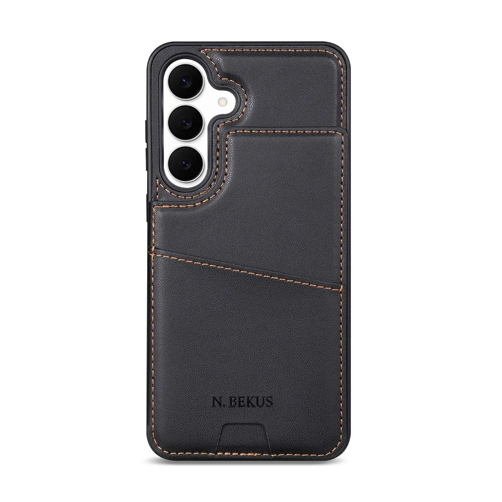 N.BEKUS P4  for Samsung Galaxy A16 5G  /  A16 4G Case Magnetic Buttons Leather + TPU Phone Cover with Card Holder Kickstand - Black - 5