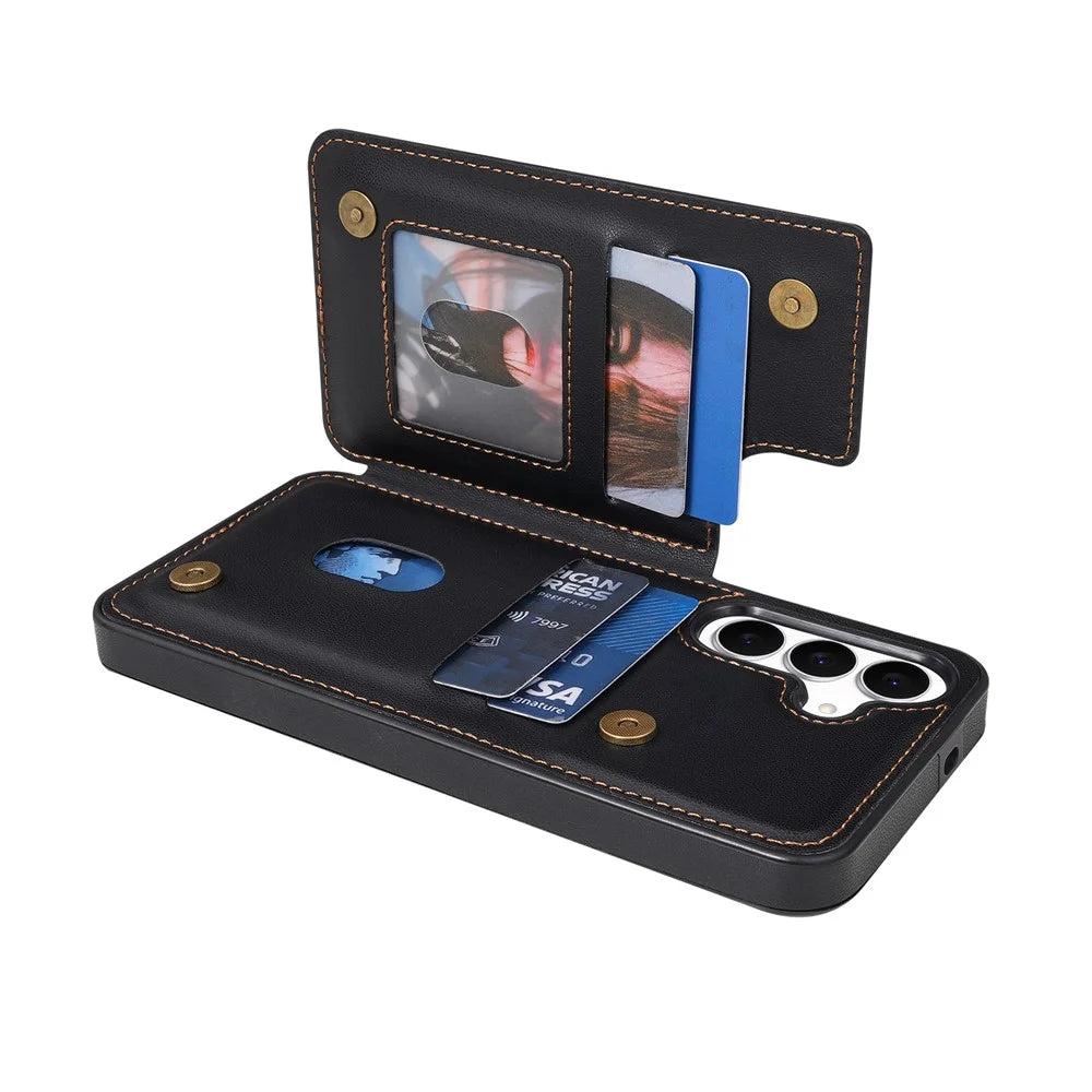 N.BEKUS P4  for Samsung Galaxy A16 5G  /  A16 4G Case Magnetic Buttons Leather + TPU Phone Cover with Card Holder Kickstand - Black - 6