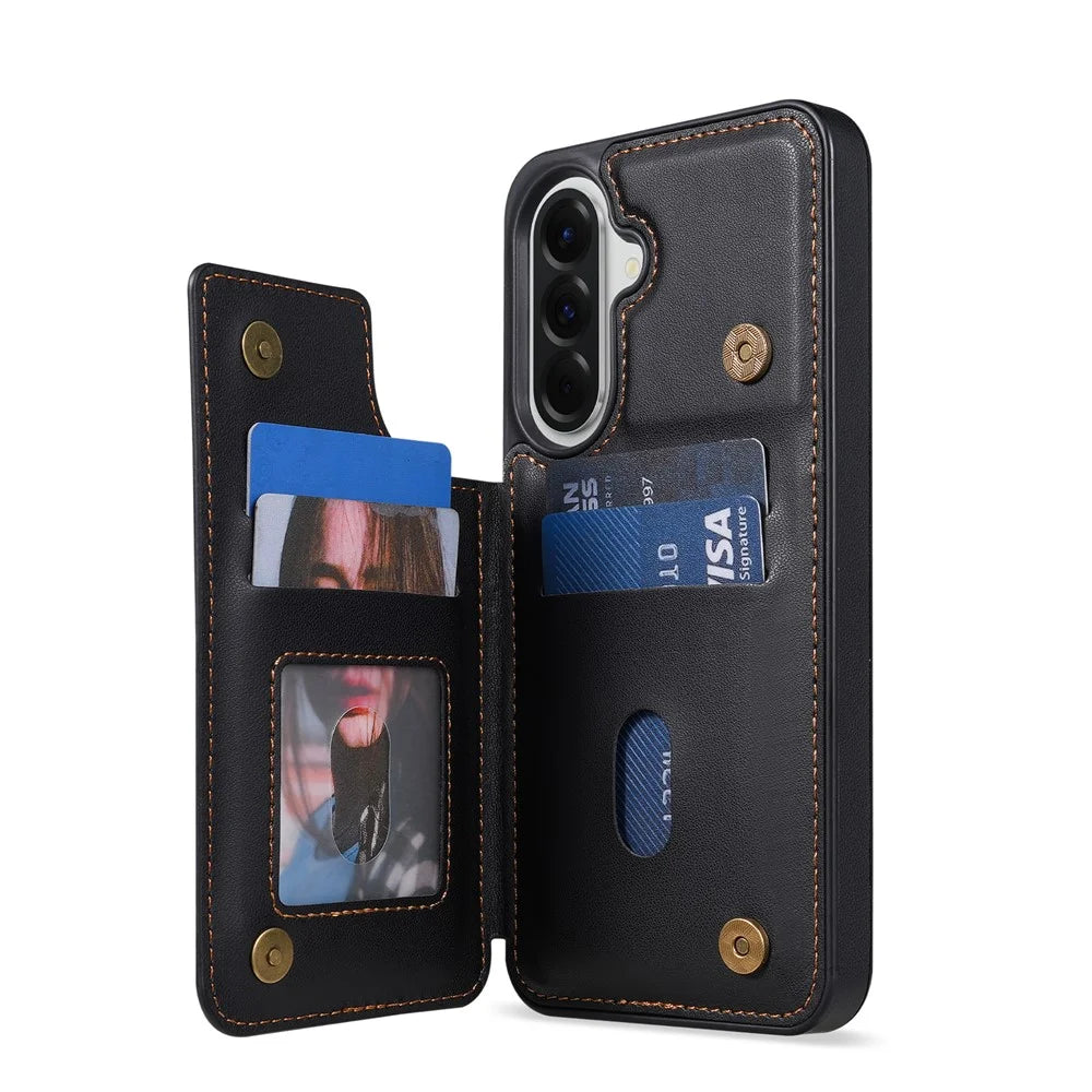N.BEKUS P4  for Samsung Galaxy S24 FE Case Magnetic Buttons Leather + TPU Phone Cover with Card Holder Kickstand - Black - 3