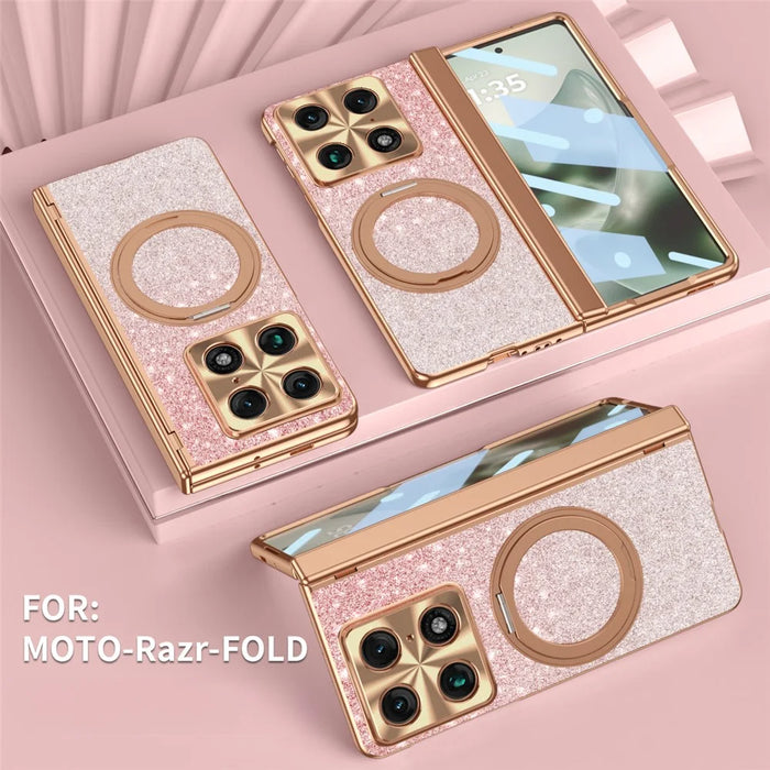 For Motorola Razr Fold 5G Magnetic Case Rotating Kickstand Glitter PU Leather + PC Phone Cover with Screen Protector - Pink - 2