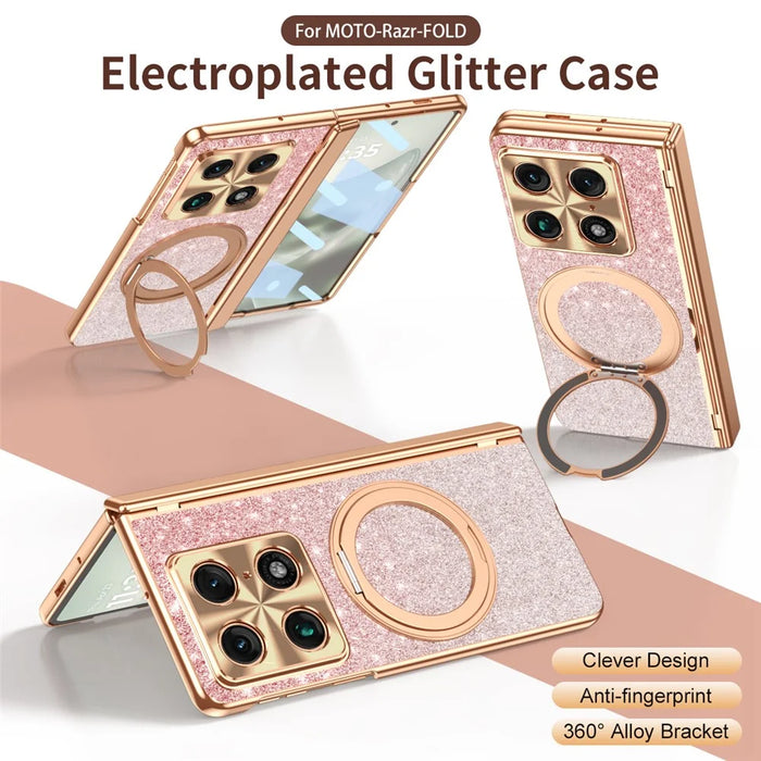 For Motorola Razr Fold 5G Magnetic Case Rotating Kickstand Glitter PU Leather + PC Phone Cover with Screen Protector - Pink - 3