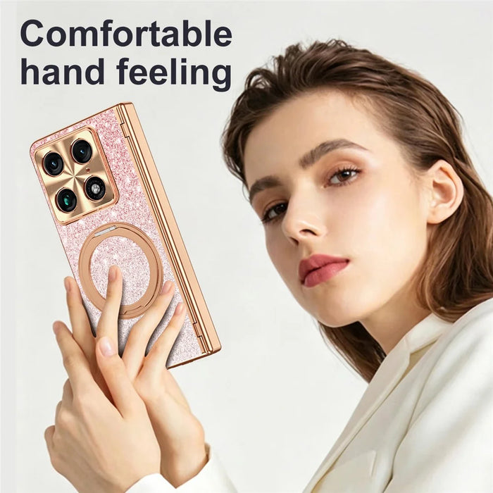 For Motorola Razr Fold 5G Magnetic Case Rotating Kickstand Glitter PU Leather + PC Phone Cover with Screen Protector - Pink - 4
