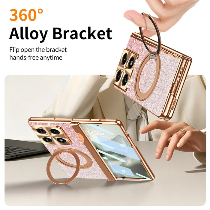 For Motorola Razr Fold 5G Magnetic Case Rotating Kickstand Glitter PU Leather + PC Phone Cover with Screen Protector - Pink - 6