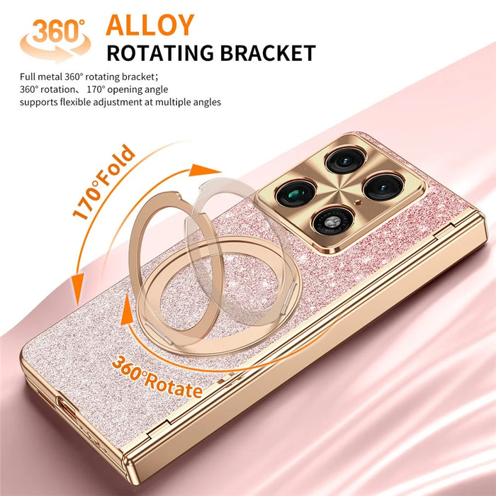 For Motorola Razr Fold 5G Magnetic Case Rotating Kickstand Glitter PU Leather + PC Phone Cover with Screen Protector - Pink - 7