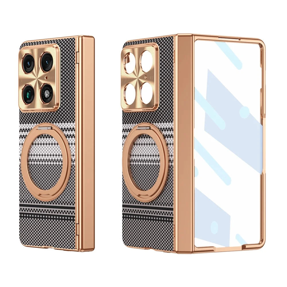 For Motorola Razr Fold 5G Case Rotating Kickstand Carbon Fiber Textured PC Phone Cover with Screen Protector - Black - 1