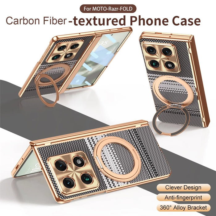 For Motorola Razr Fold 5G Case Rotating Kickstand Carbon Fiber Textured PC Phone Cover with Screen Protector - Black - 2