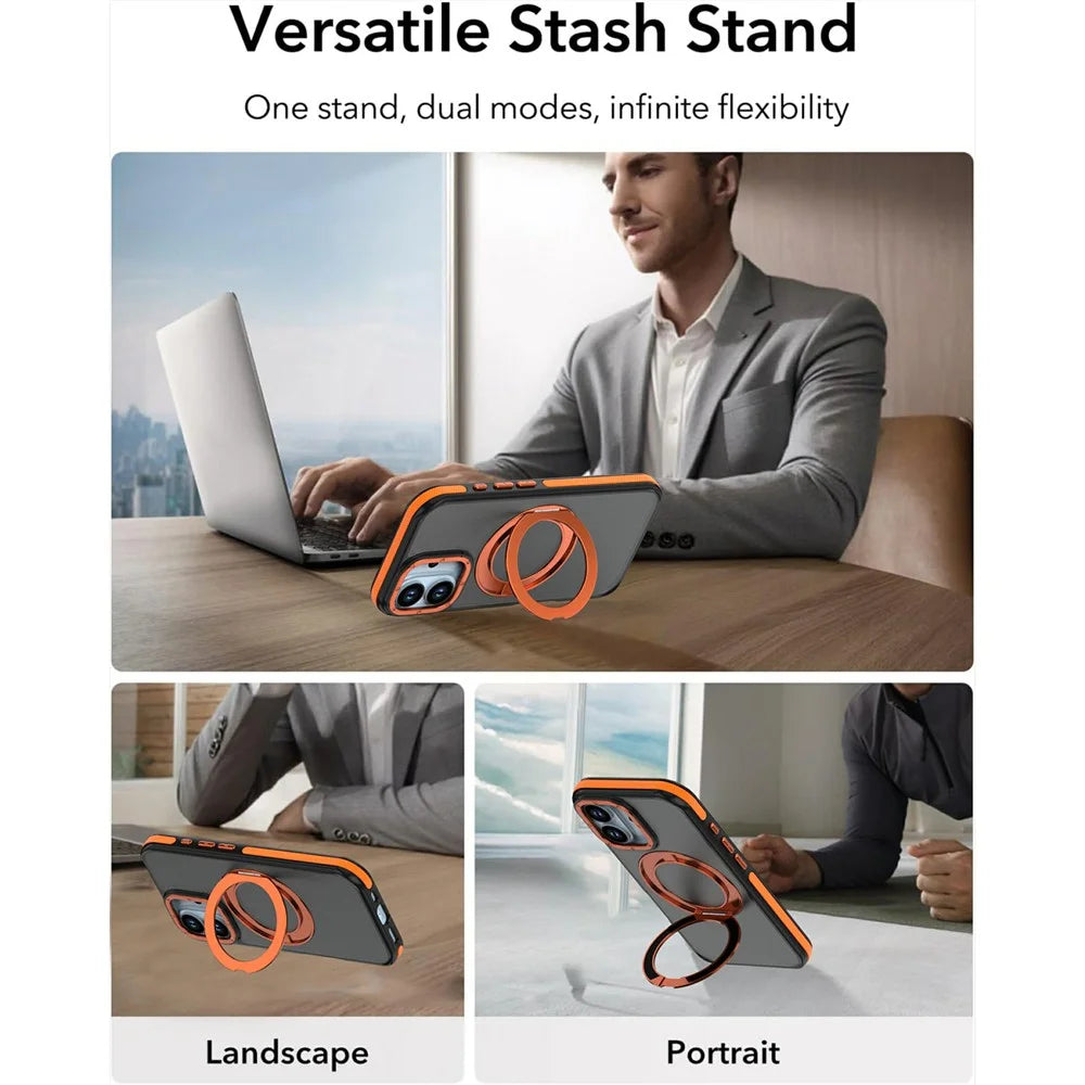 For iPhone 17 Magnetic Case Double Color Rotating Ring Kickstand PC + TPU Phone Cover - Orange - 4