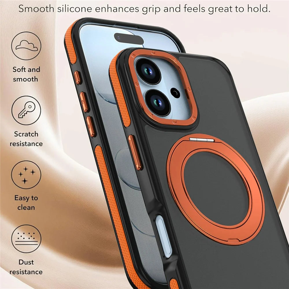 For iPhone 17 Magnetic Case Double Color Rotating Ring Kickstand PC + TPU Phone Cover - Orange - 5