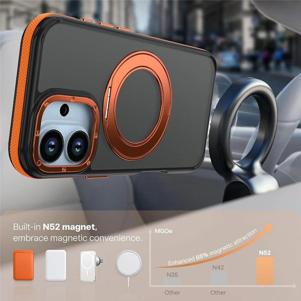 For iPhone 17 Magnetic Case Double Color Rotating Ring Kickstand PC + TPU Phone Cover - Orange - 6