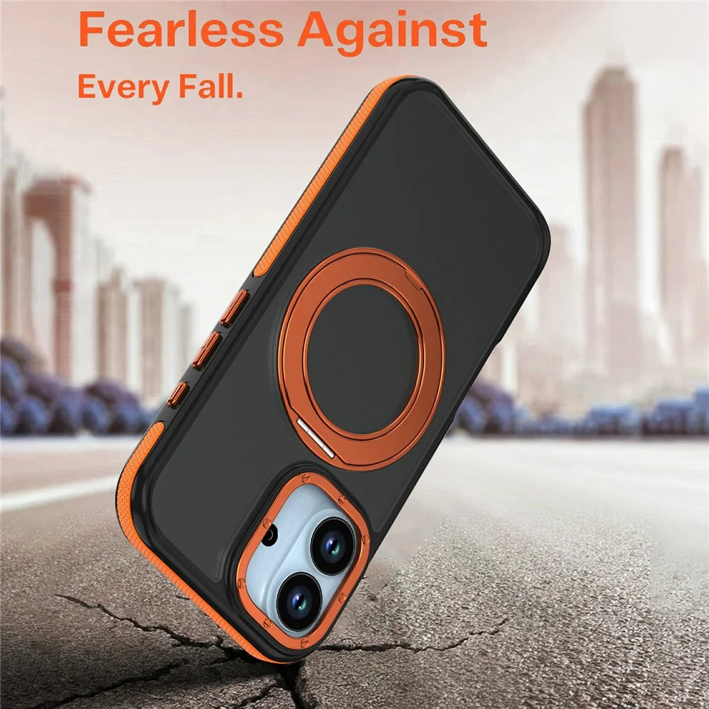 For iPhone 17 Magnetic Case Double Color Rotating Ring Kickstand PC + TPU Phone Cover - Orange - 7