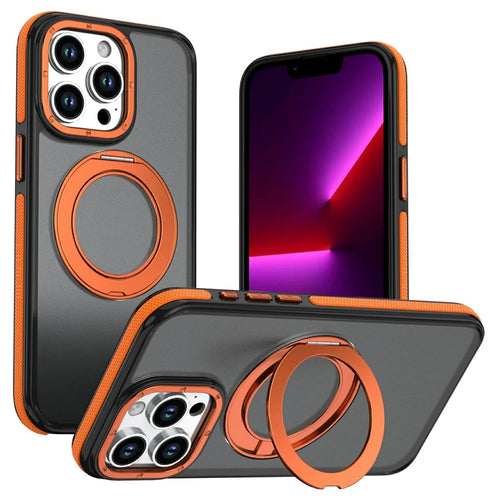 For iPhone 13 Pro Magnetic Case Double Color Rotating Ring Kickstand PC + TPU Phone Cover - Orange - 1
