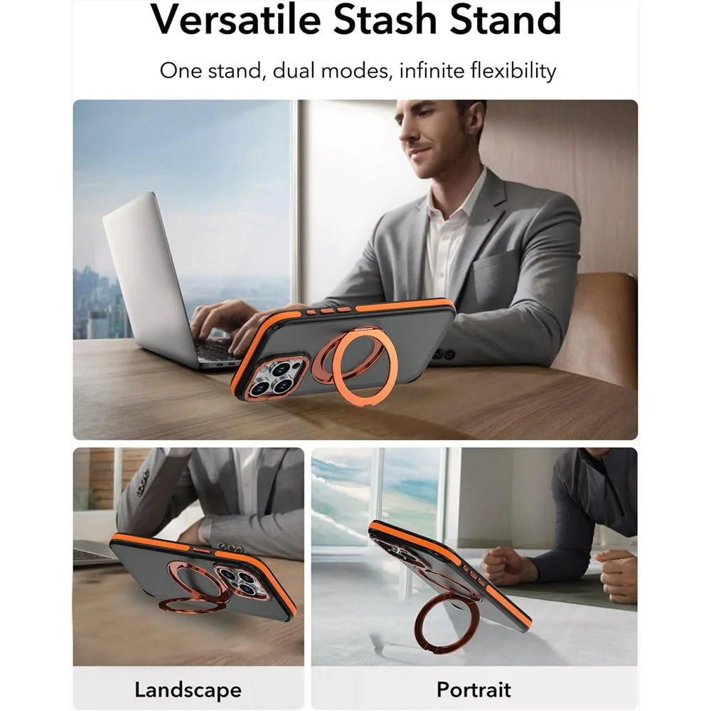 For iPhone 13 Pro Magnetic Case Double Color Rotating Ring Kickstand PC + TPU Phone Cover - Orange - 4