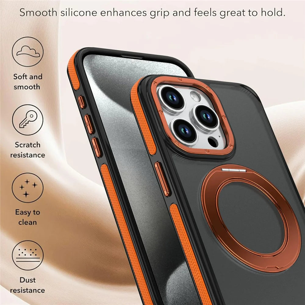 For iPhone 13 Pro Magnetic Case Double Color Rotating Ring Kickstand PC + TPU Phone Cover - Orange - 5