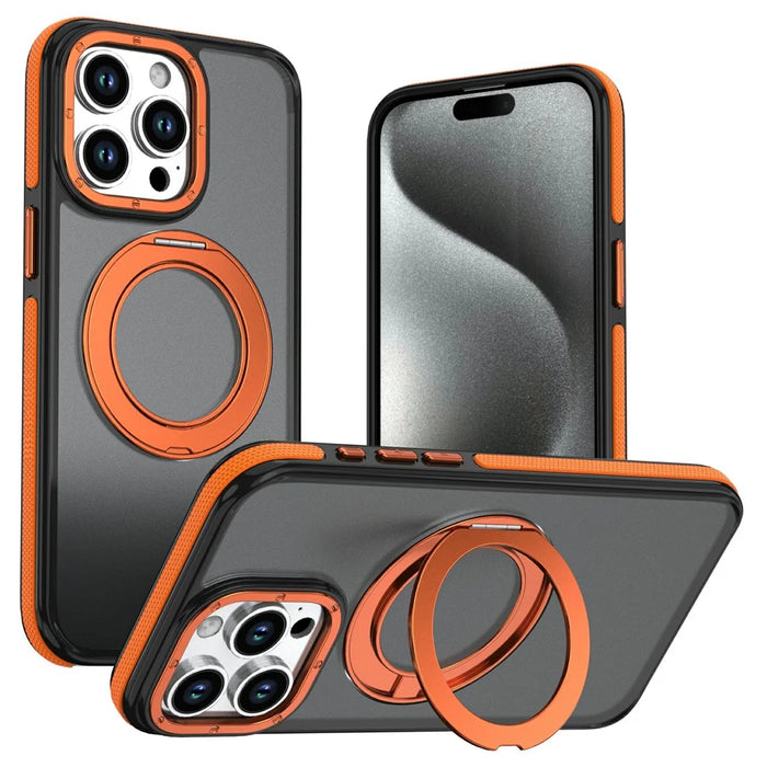 For iPhone 14 Pro Magnetic Case Double Color Rotating Ring Kickstand PC + TPU Phone Cover - Orange - 1