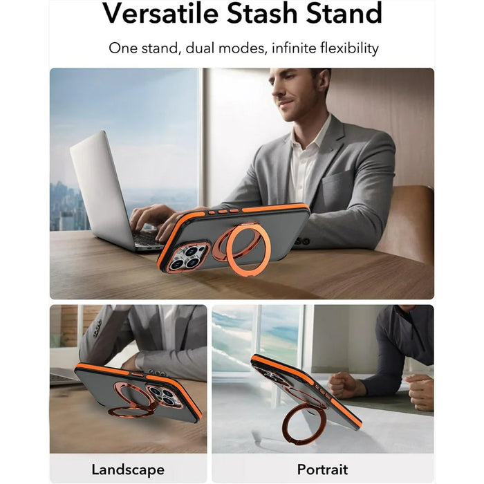 For iPhone 14 Pro Magnetic Case Double Color Rotating Ring Kickstand PC + TPU Phone Cover - Orange - 4
