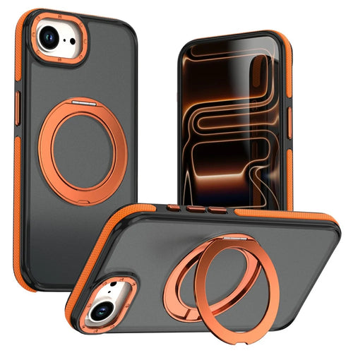 For iPhone 16e  /  17e Magnetic Case Double Color Rotating Ring Kickstand PC + TPU Phone Cover - Orange - 1