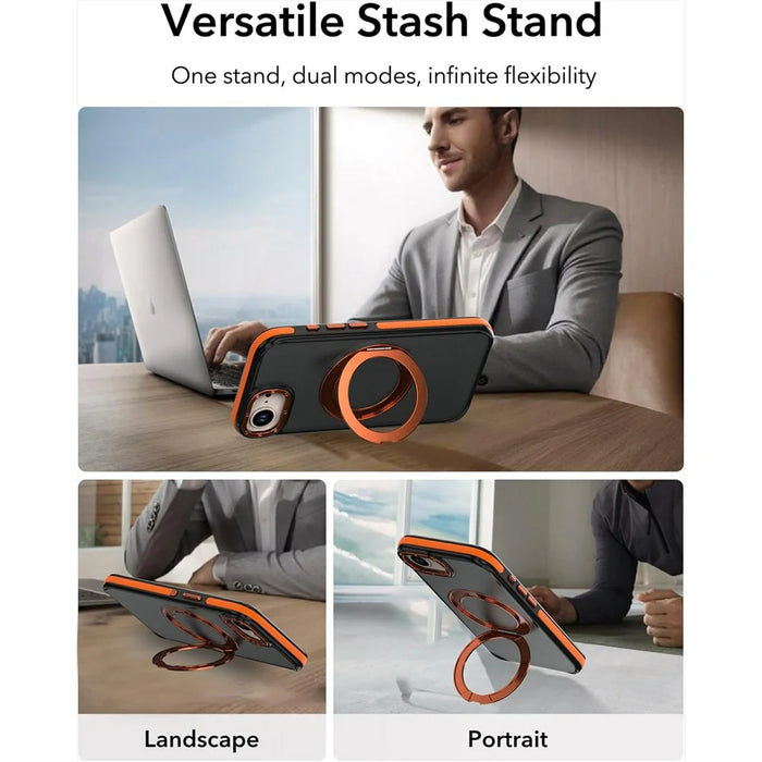 For iPhone 16e  /  17e Magnetic Case Double Color Rotating Ring Kickstand PC + TPU Phone Cover - Orange - 4