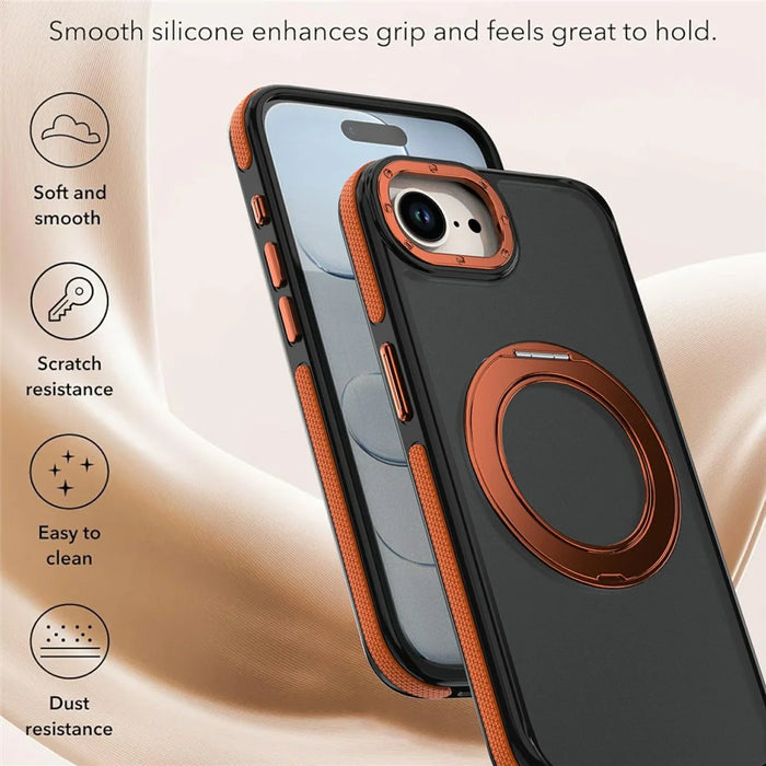 For iPhone 16e  /  17e Magnetic Case Double Color Rotating Ring Kickstand PC + TPU Phone Cover - Orange - 5