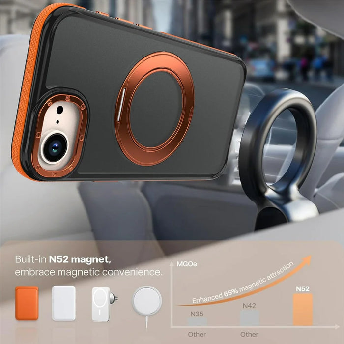 For iPhone 16e  /  17e Magnetic Case Double Color Rotating Ring Kickstand PC + TPU Phone Cover - Orange - 6