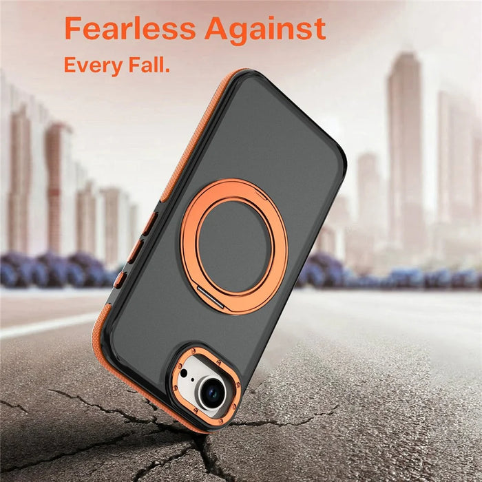 For iPhone 16e  /  17e Magnetic Case Double Color Rotating Ring Kickstand PC + TPU Phone Cover - Orange - 7