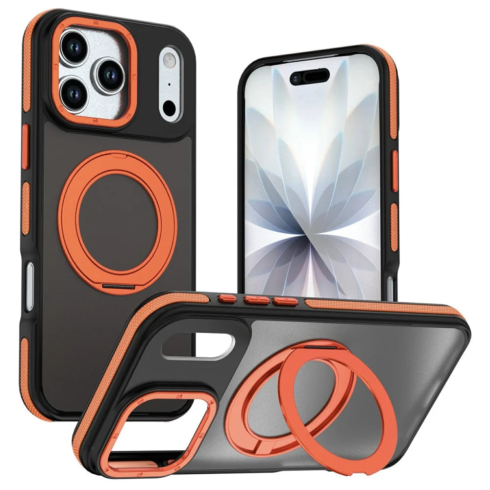 For iPhone 17 Pro Magnetic Case Double Color Rotating Ring Kickstand PC + TPU Phone Cover - Orange - 1
