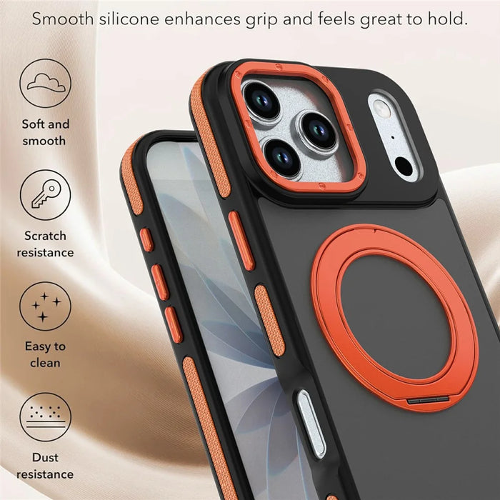 For iPhone 17 Pro Magnetic Case Double Color Rotating Ring Kickstand PC + TPU Phone Cover - Orange - 4