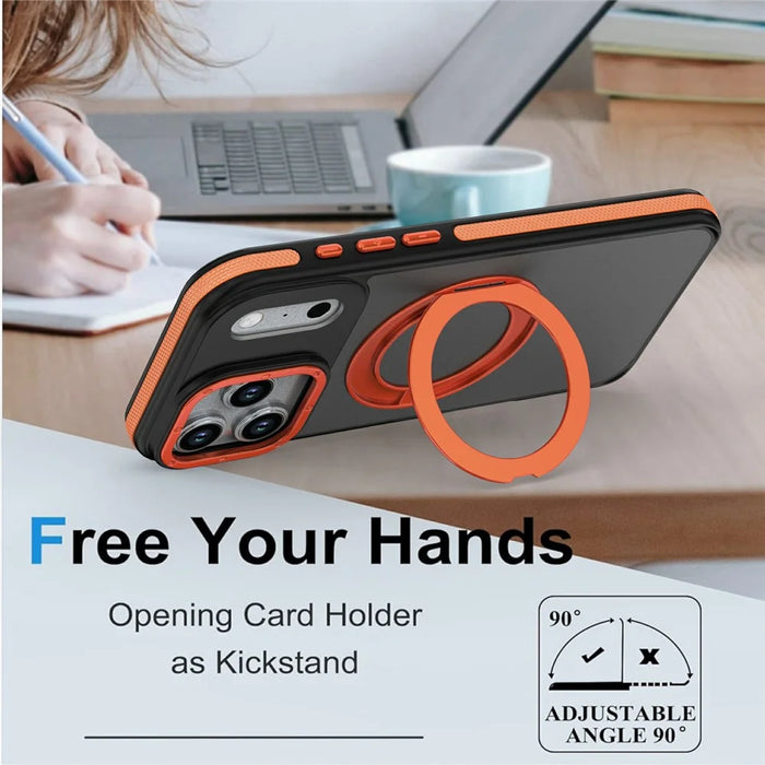 For iPhone 17 Pro Magnetic Case Double Color Rotating Ring Kickstand PC + TPU Phone Cover - Orange - 6