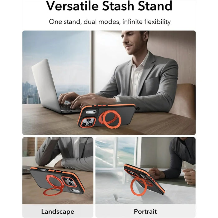 For iPhone 17 Pro Magnetic Case Double Color Rotating Ring Kickstand PC + TPU Phone Cover - Orange - 7